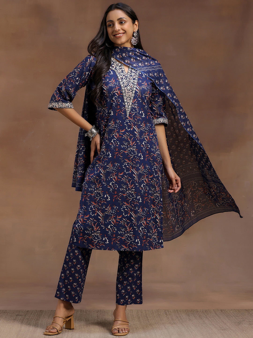  Blue Printed Cotton Straight Suit With Dupatta 