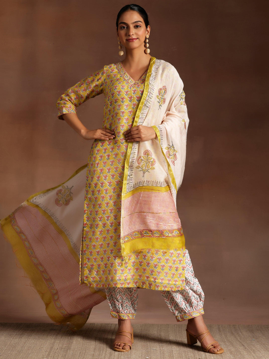 Yellow Printed Cotton Straight Suit With Dupatta - Libas 