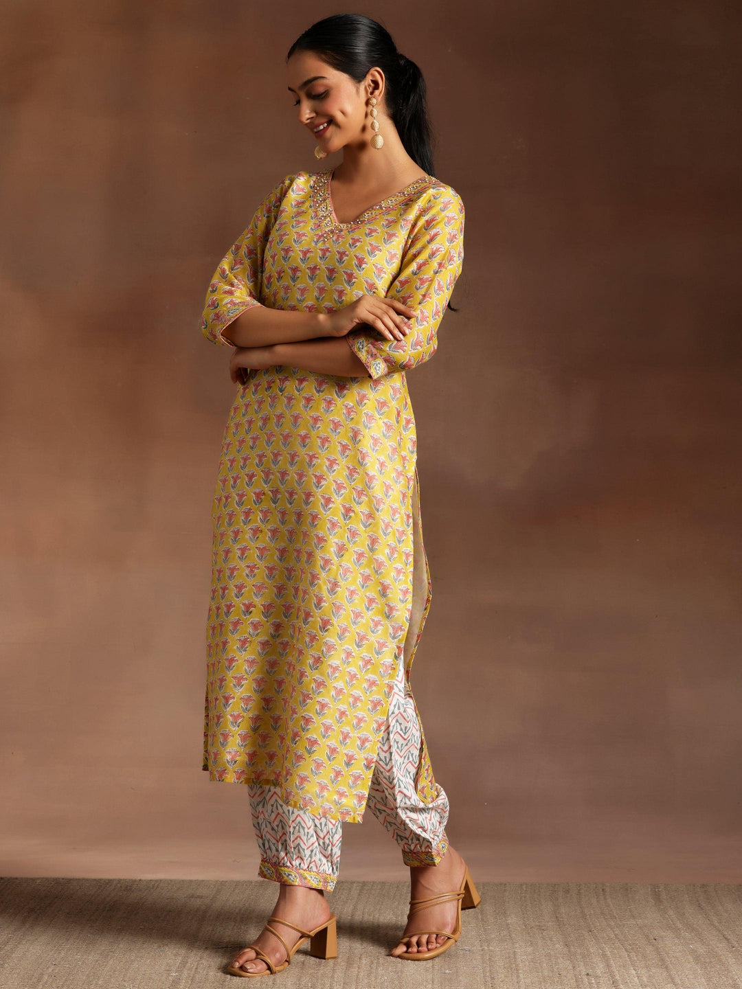 Yellow Printed Cotton Straight Suit With Dupatta - Libas