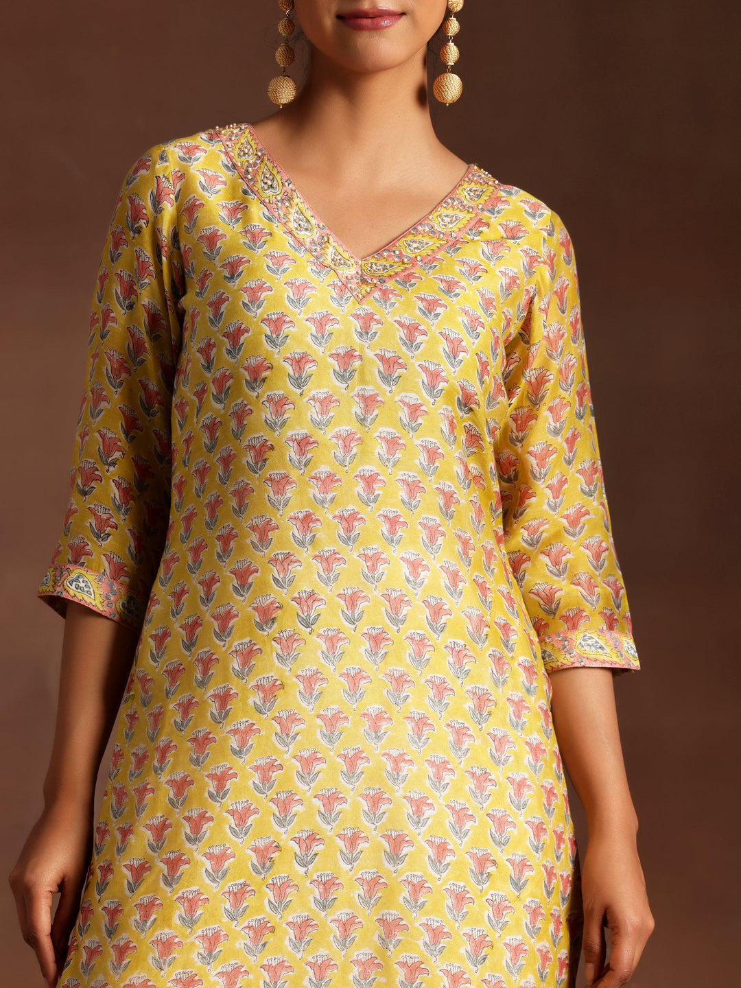 Yellow Printed Cotton Straight Suit With Dupatta - Libas 