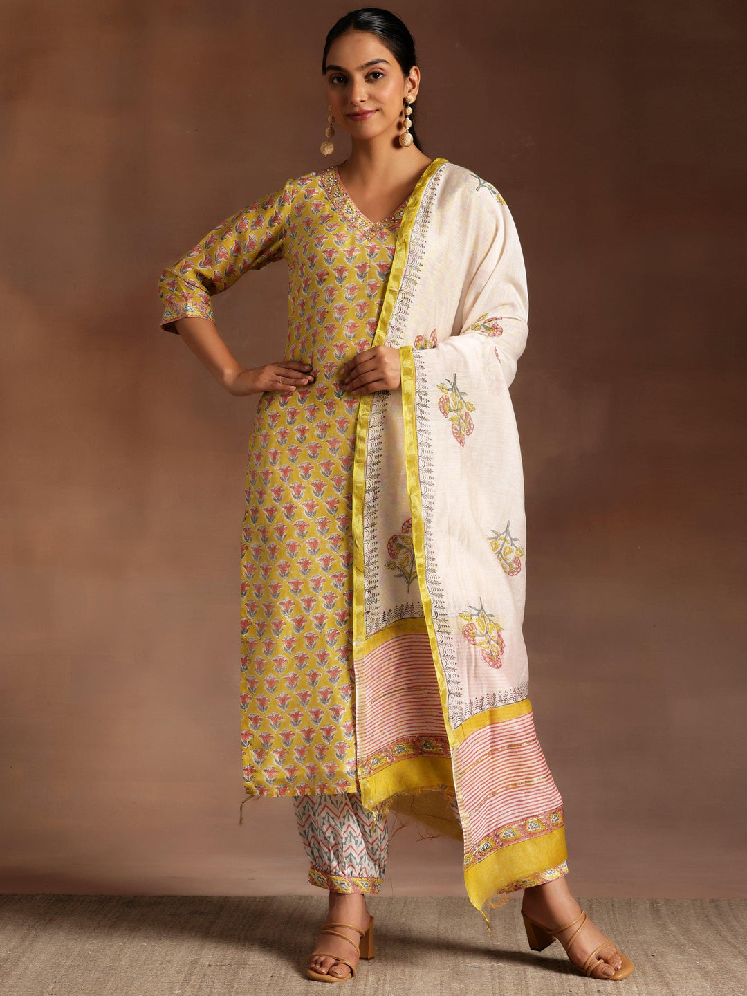 Yellow Printed Cotton Straight Suit With Dupatta - Libas 