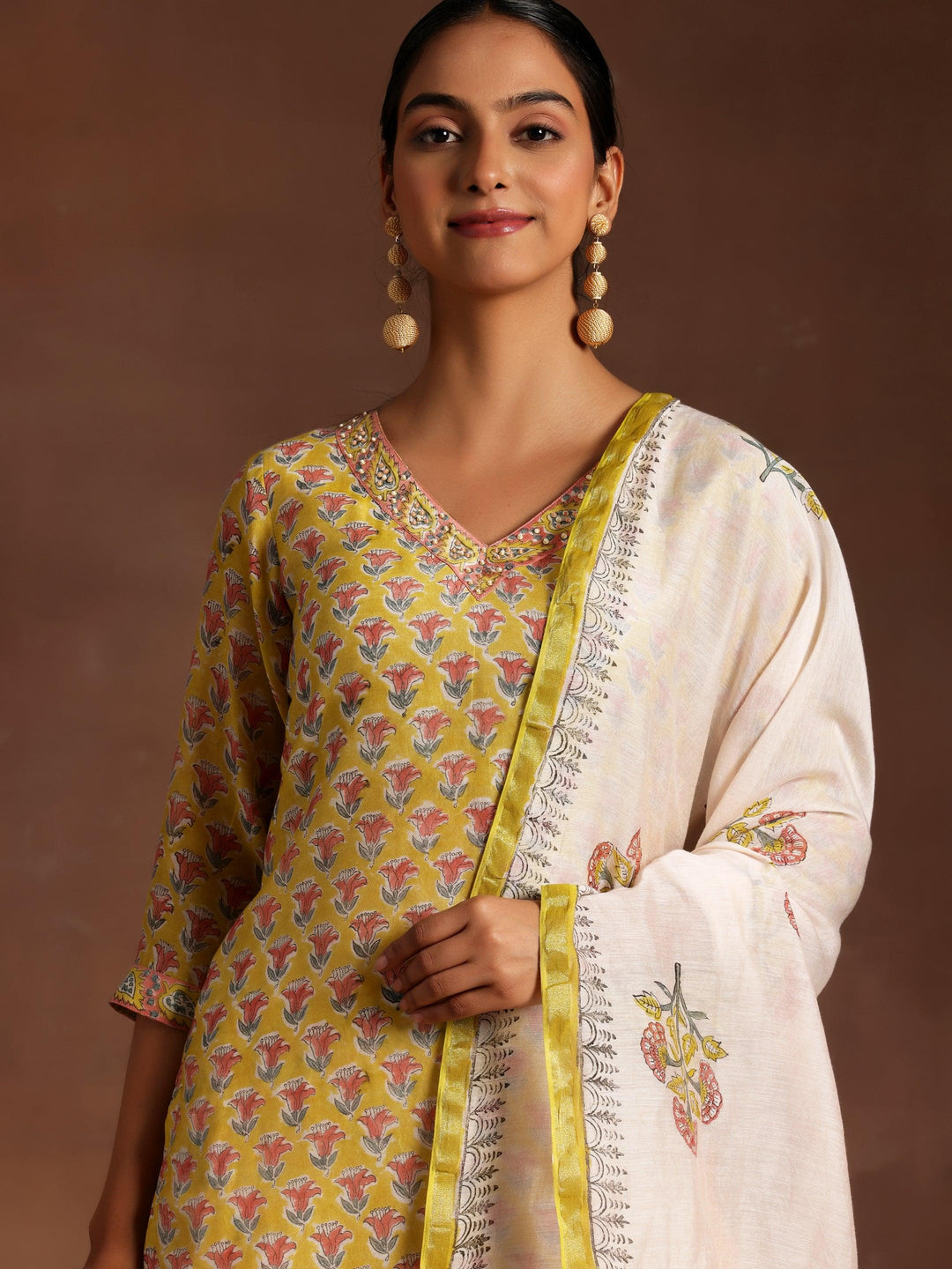 Yellow Printed Cotton Straight Suit With Dupatta - Libas 