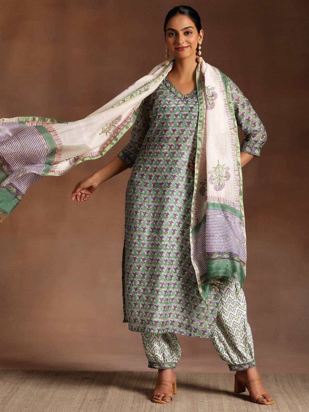 Green Printed Cotton Straight Suit With Dupatta - Libas