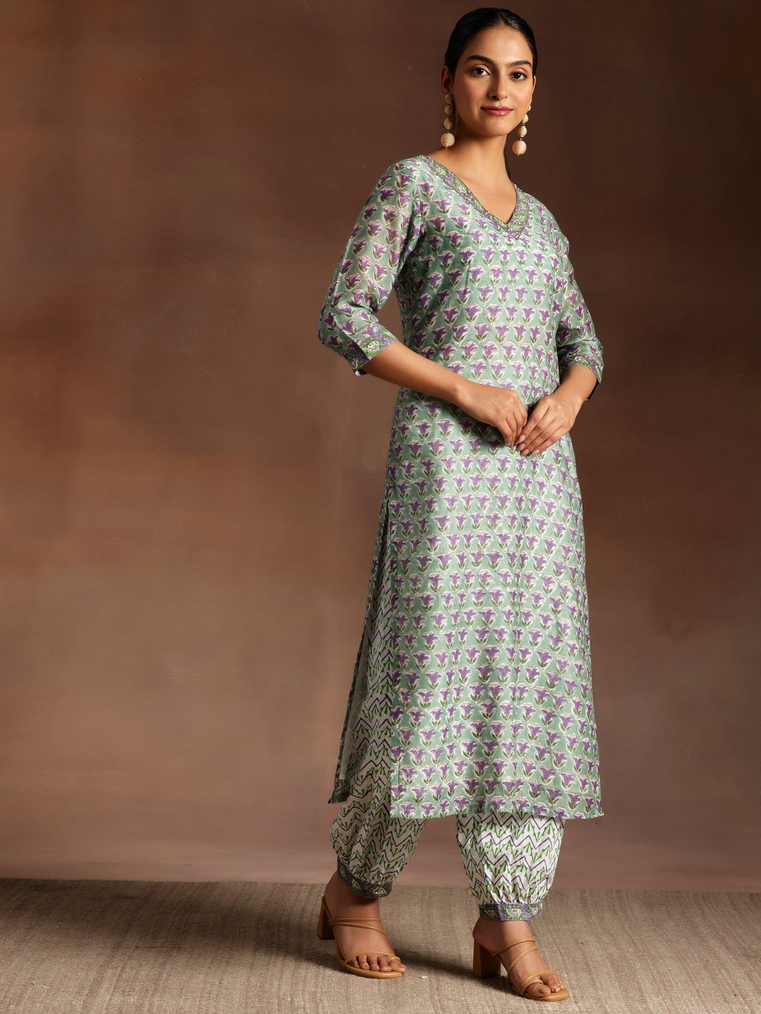 Green Printed Cotton Straight Suit With Dupatta - Libas 