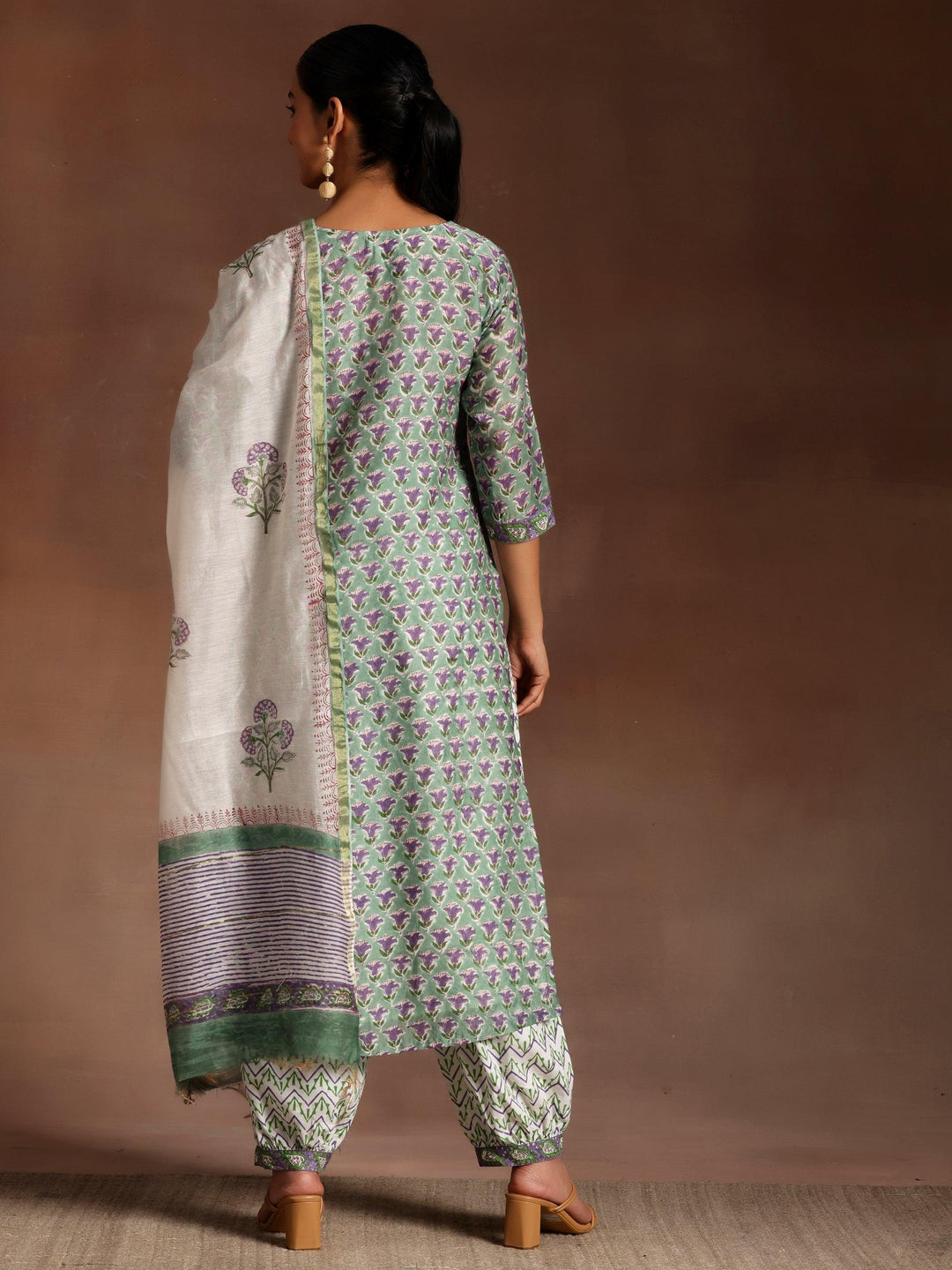 Green Printed Cotton Straight Suit With Dupatta - Libas 