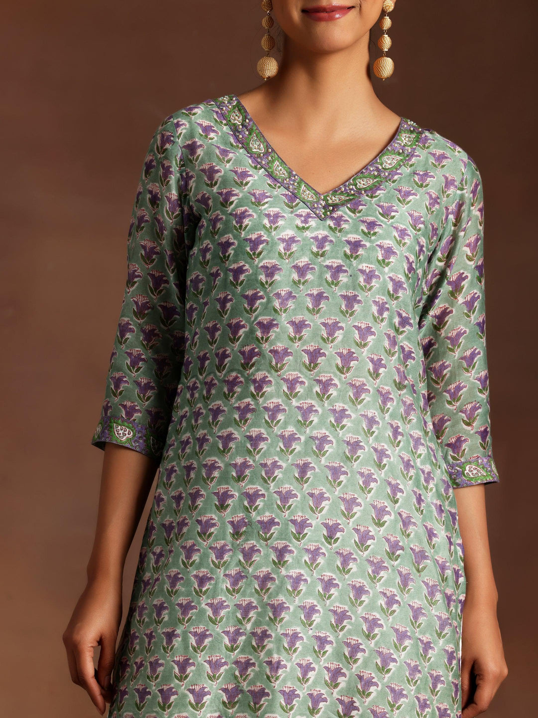 Green Printed Cotton Straight Suit With Dupatta - Libas