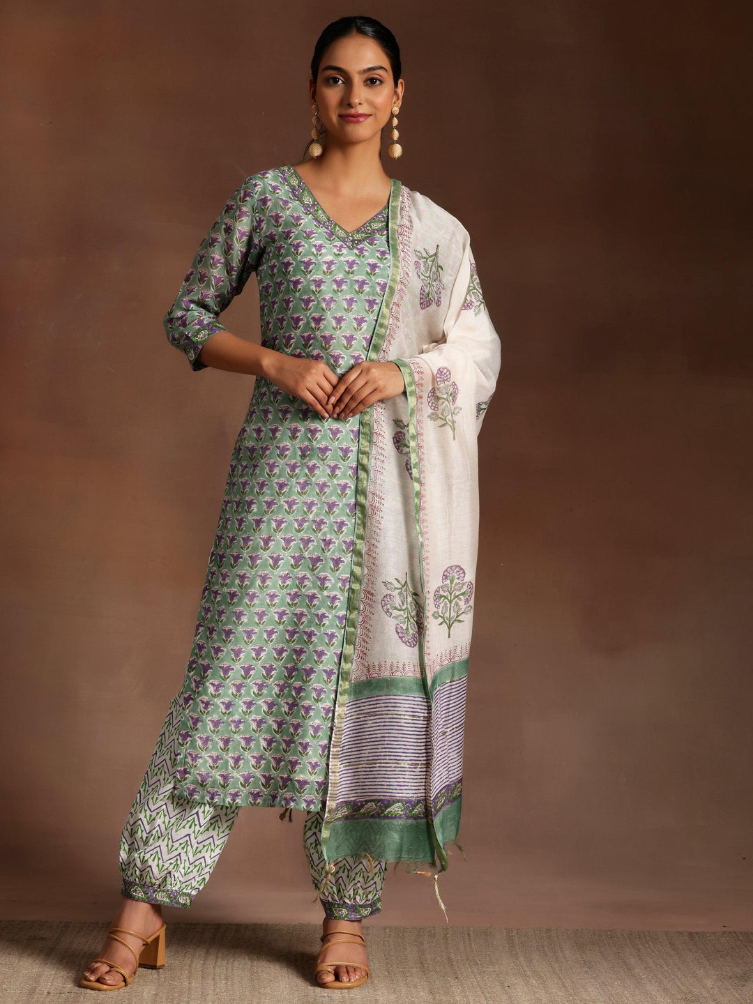 Green Printed Cotton Straight Suit With Dupatta - Libas 