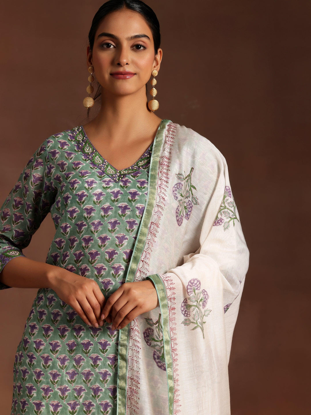 Green Printed Cotton Straight Suit With Dupatta - Libas