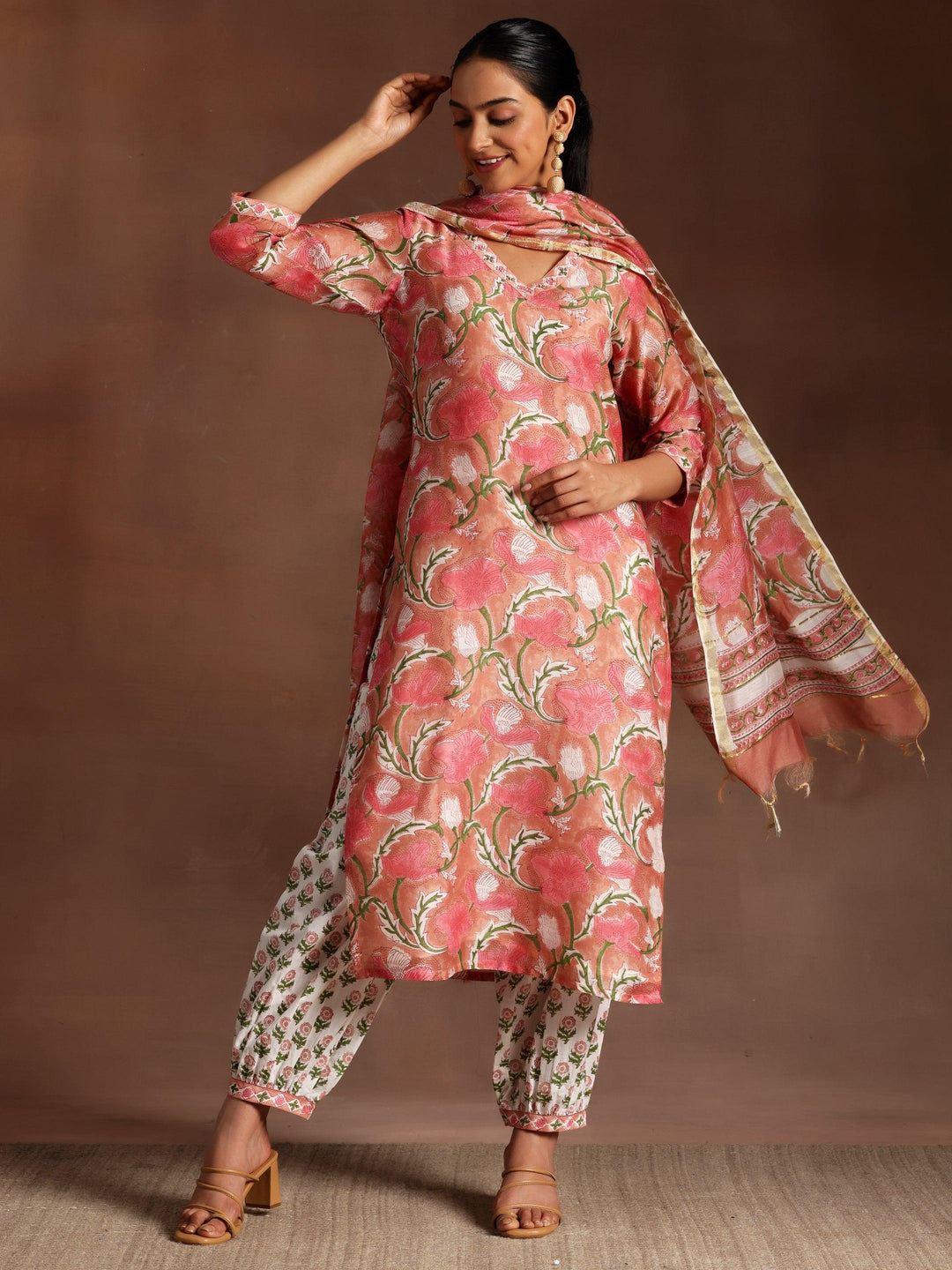 Peach Printed Cotton Straight Suit With Dupatta - Libas 