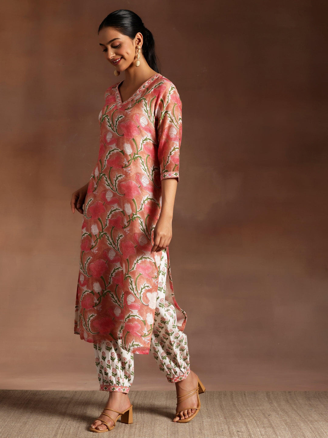 Peach Printed Cotton Straight Suit With Dupatta - Libas 