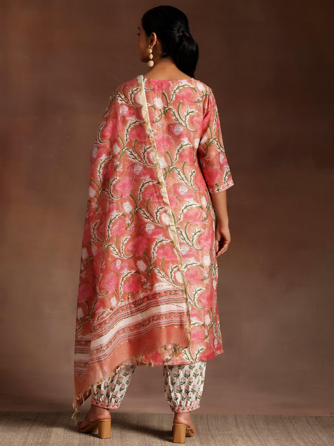 Peach Printed Cotton Straight Suit With Dupatta - Libas