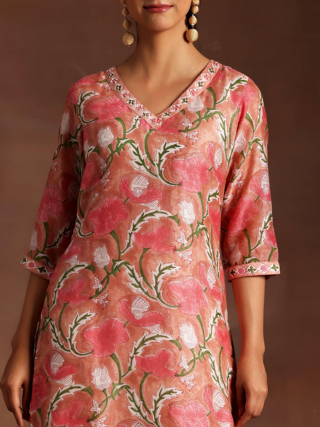 Peach Printed Cotton Straight Suit With Dupatta - Libas