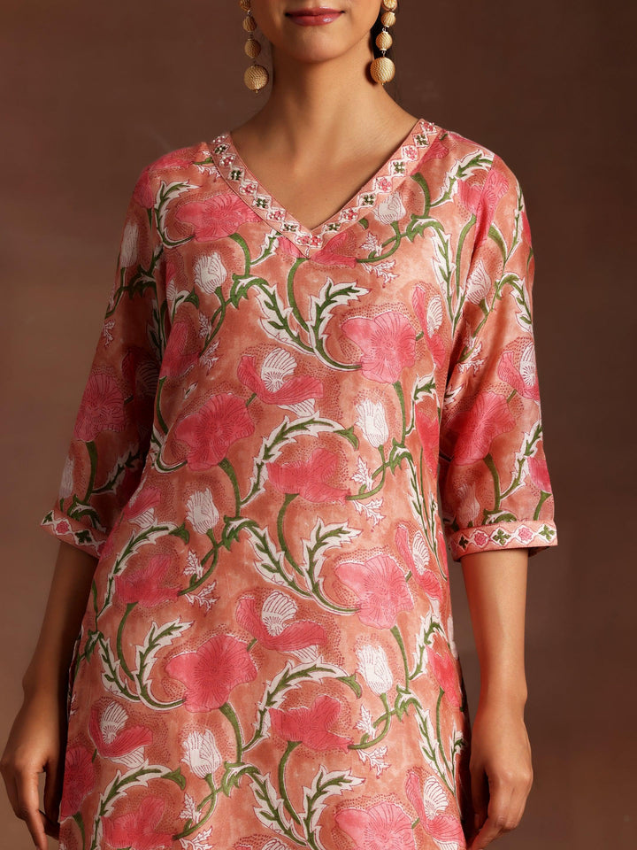 Peach Printed Cotton Straight Suit With Dupatta - Libas