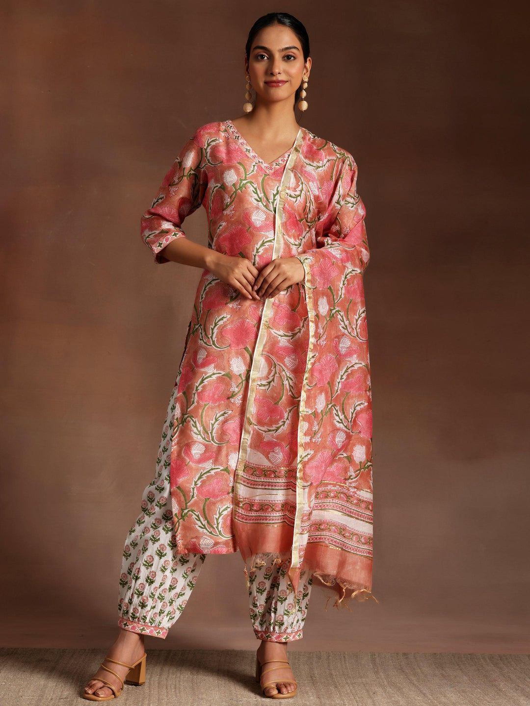 Peach Printed Cotton Straight Suit With Dupatta - Libas