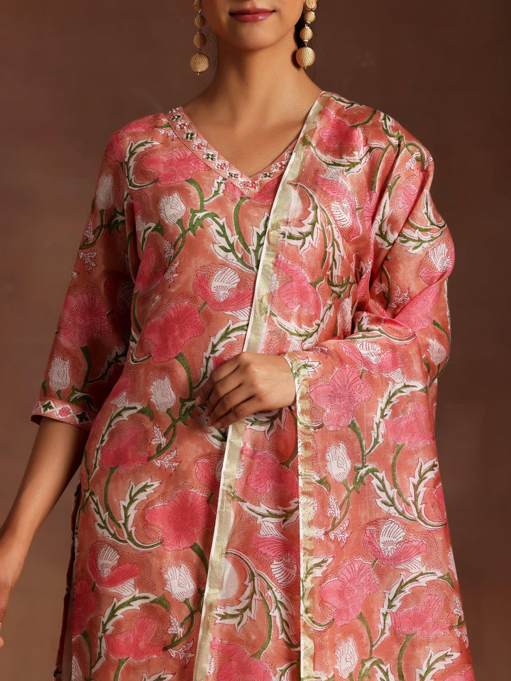 Peach Printed Cotton Straight Suit With Dupatta - Libas