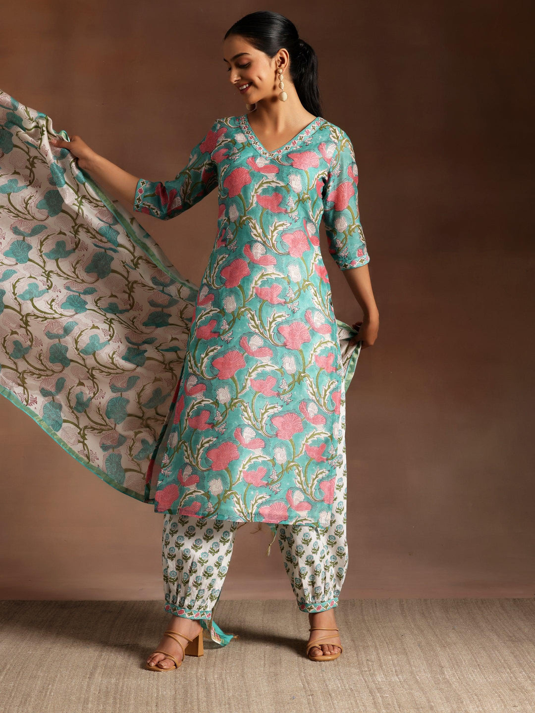 Turquoise Printed Cotton Straight Suit With Dupatta - Libas 