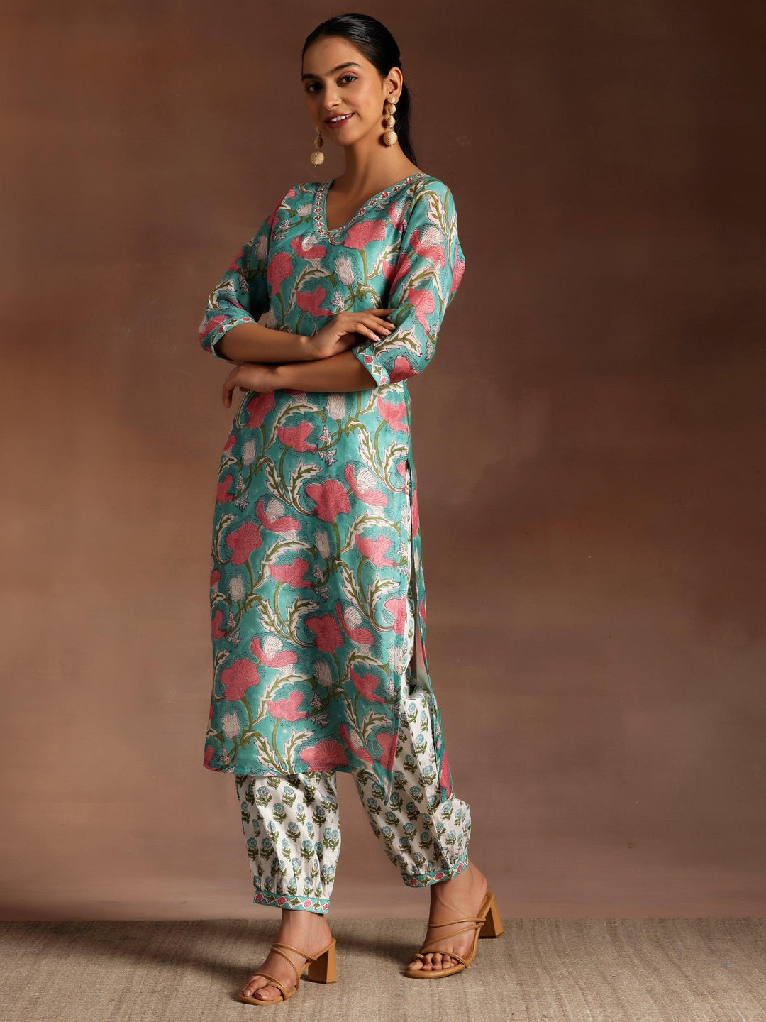 Turquoise Printed Cotton Straight Suit With Dupatta - Libas 