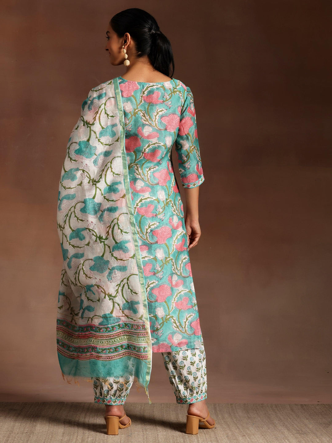 Turquoise Printed Cotton Straight Suit With Dupatta - Libas 