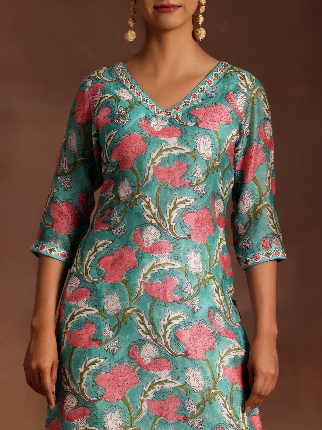 Turquoise Printed Cotton Straight Suit With Dupatta - Libas 