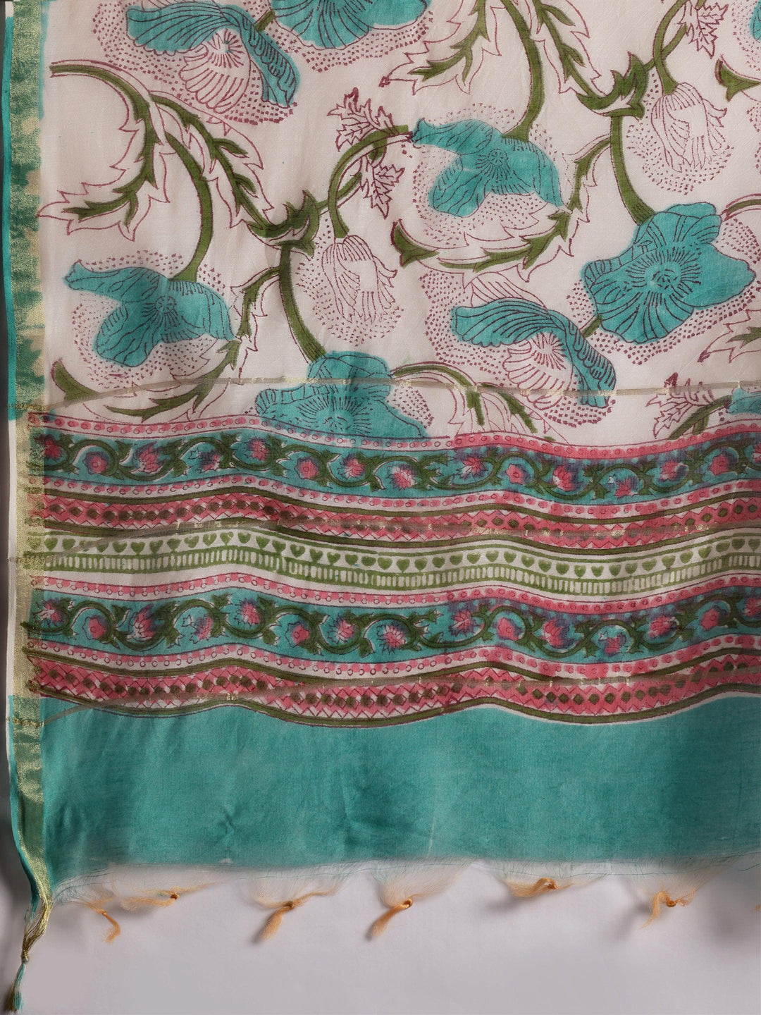 Turquoise Printed Cotton Straight Suit With Dupatta - Libas 