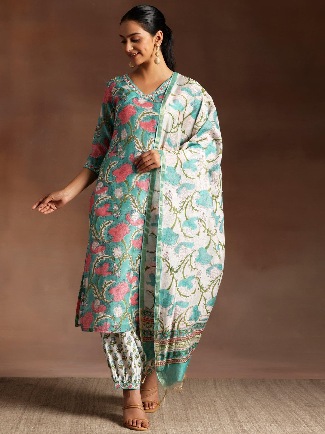 Turquoise Printed Cotton Straight Suit With Dupatta - Libas 