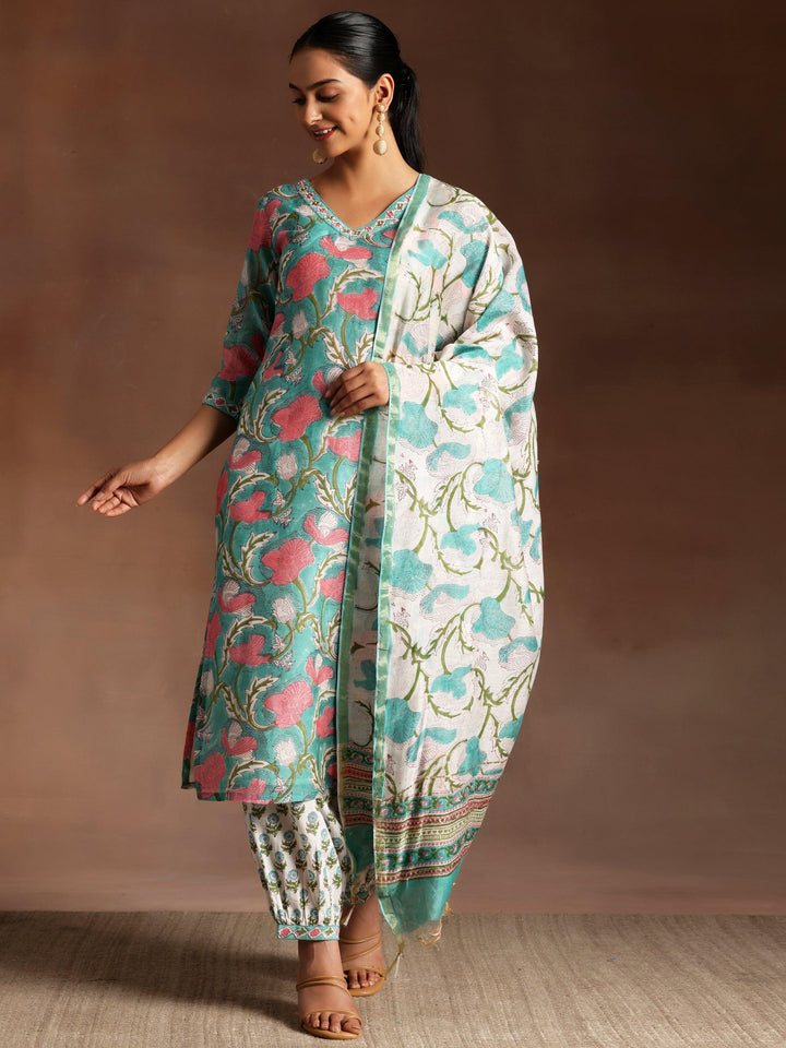 Turquoise Printed Cotton Straight Suit With Dupatta - Libas