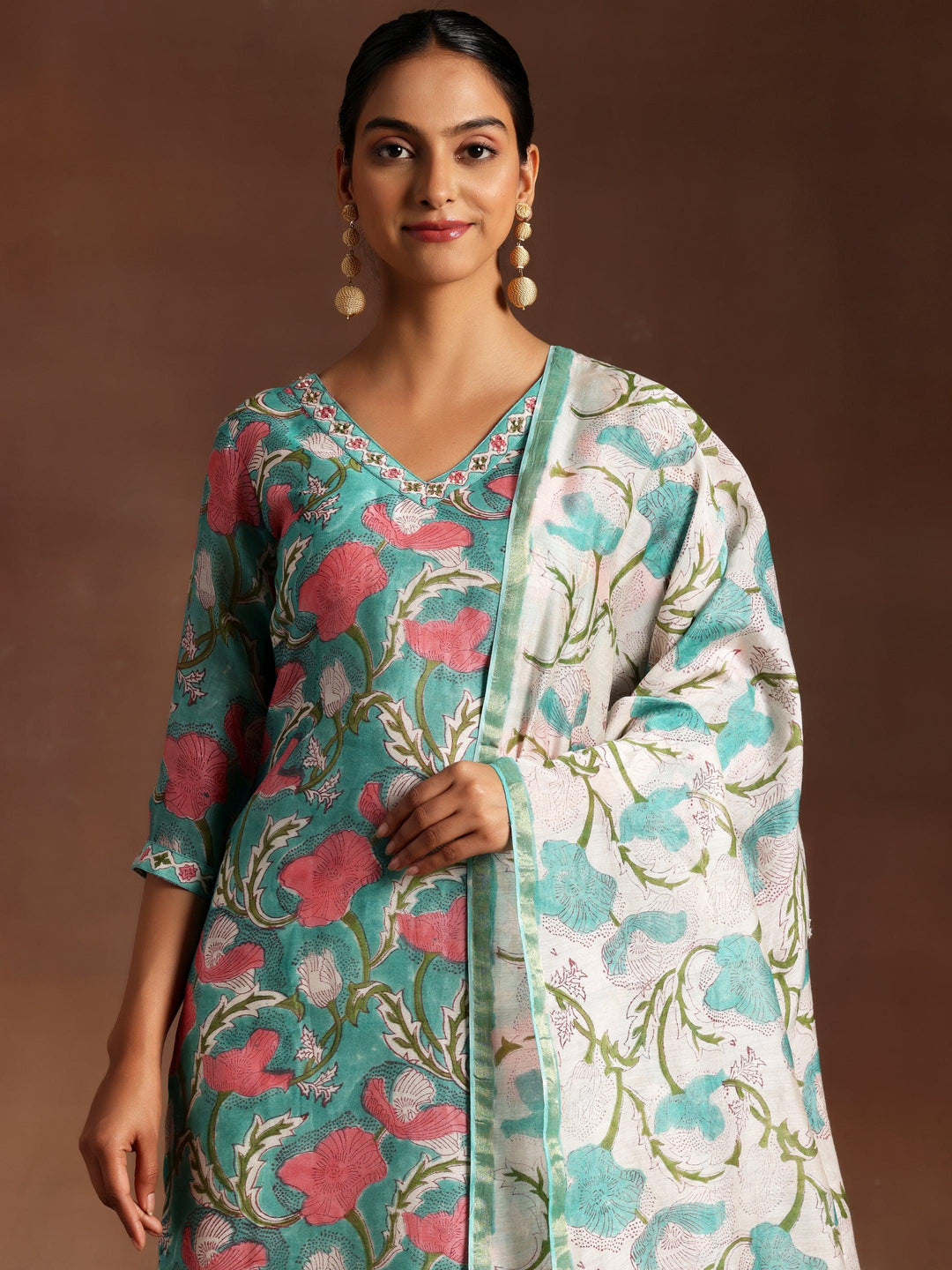 Turquoise Printed Cotton Straight Suit With Dupatta - Libas 