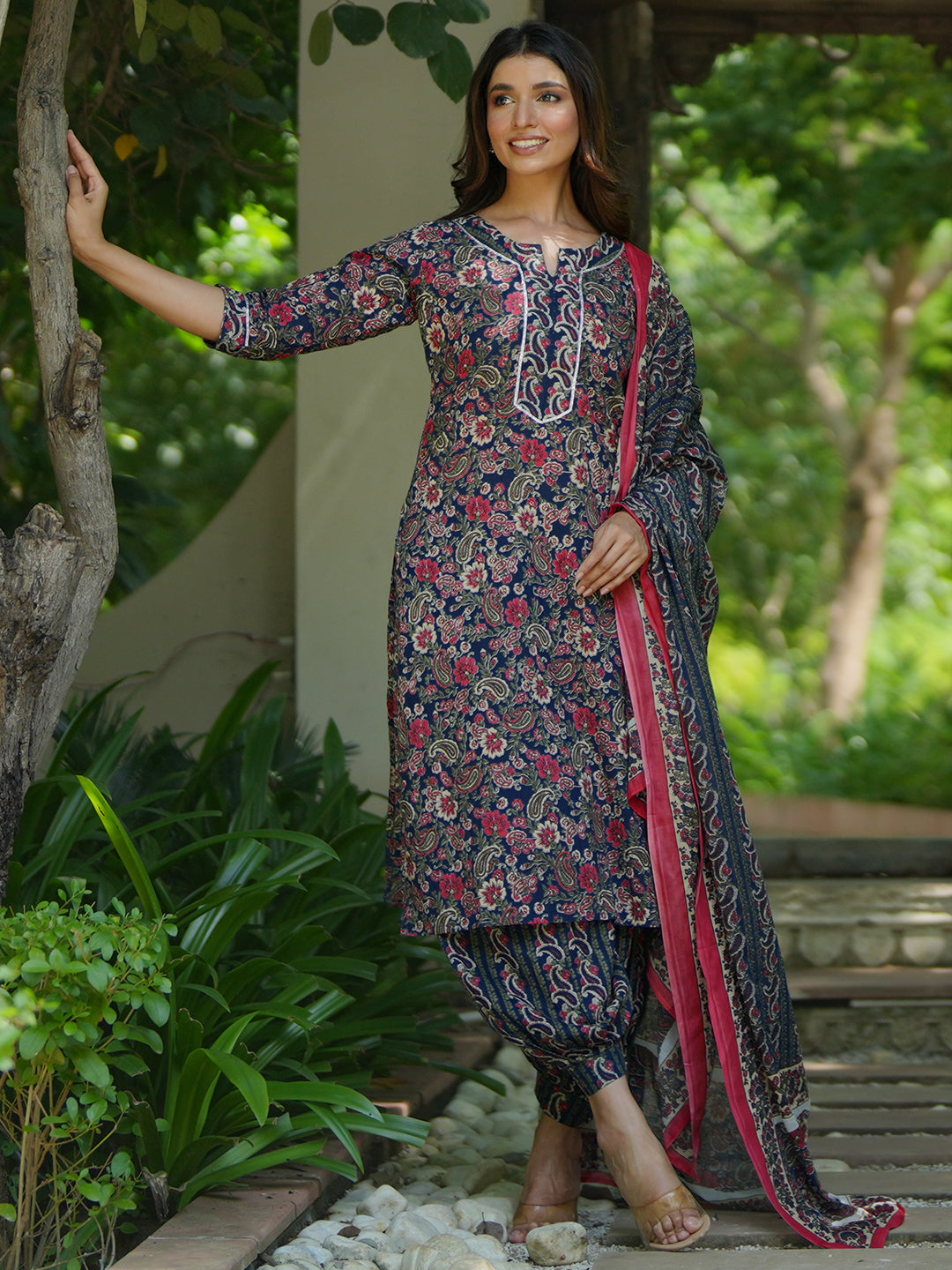 Blue Printed Cotton Straight Suit With Dupatta