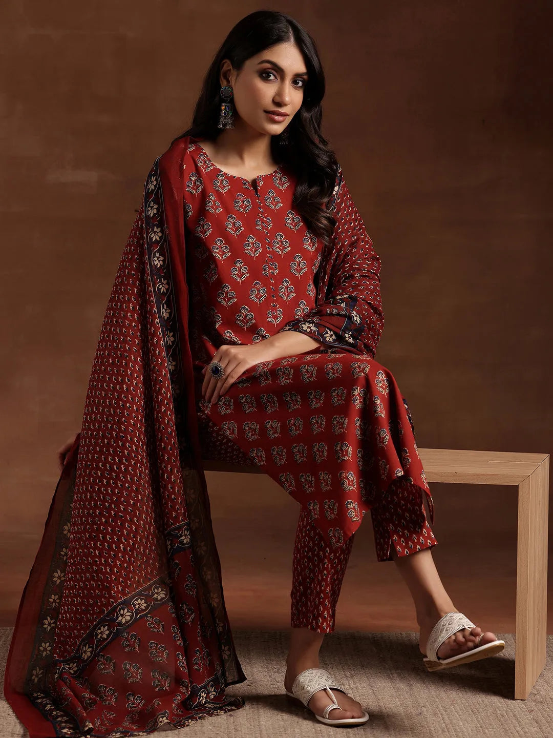  Rust Printed Cotton Straight Suit With Dupatta 