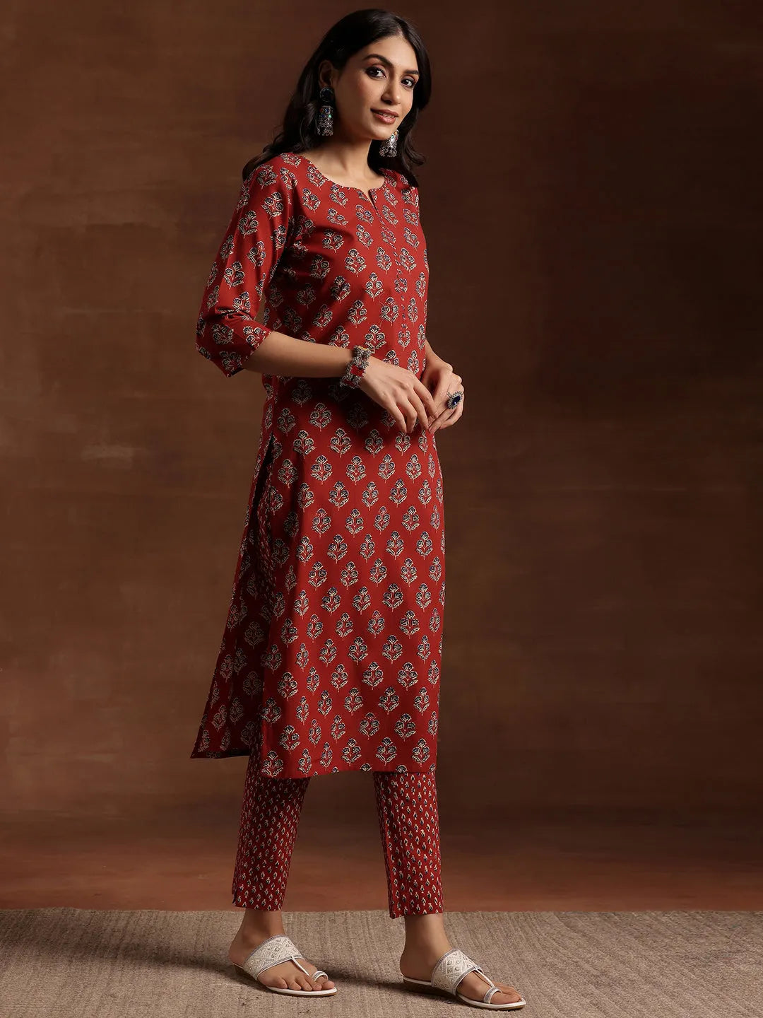  Rust Printed Cotton Straight Suit With Dupatta 