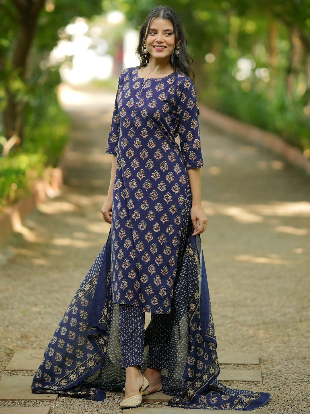 Blue Printed Cotton Straight Suit With Dupatta