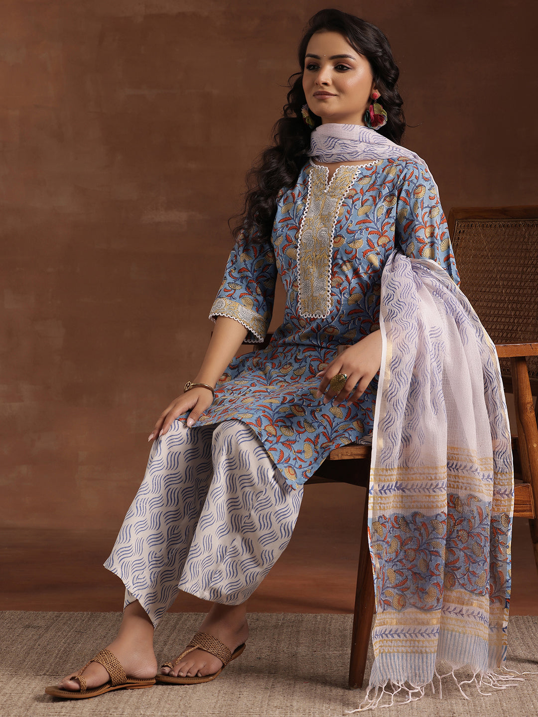 Blue Printed Cotton Straight Suit With Dupatta