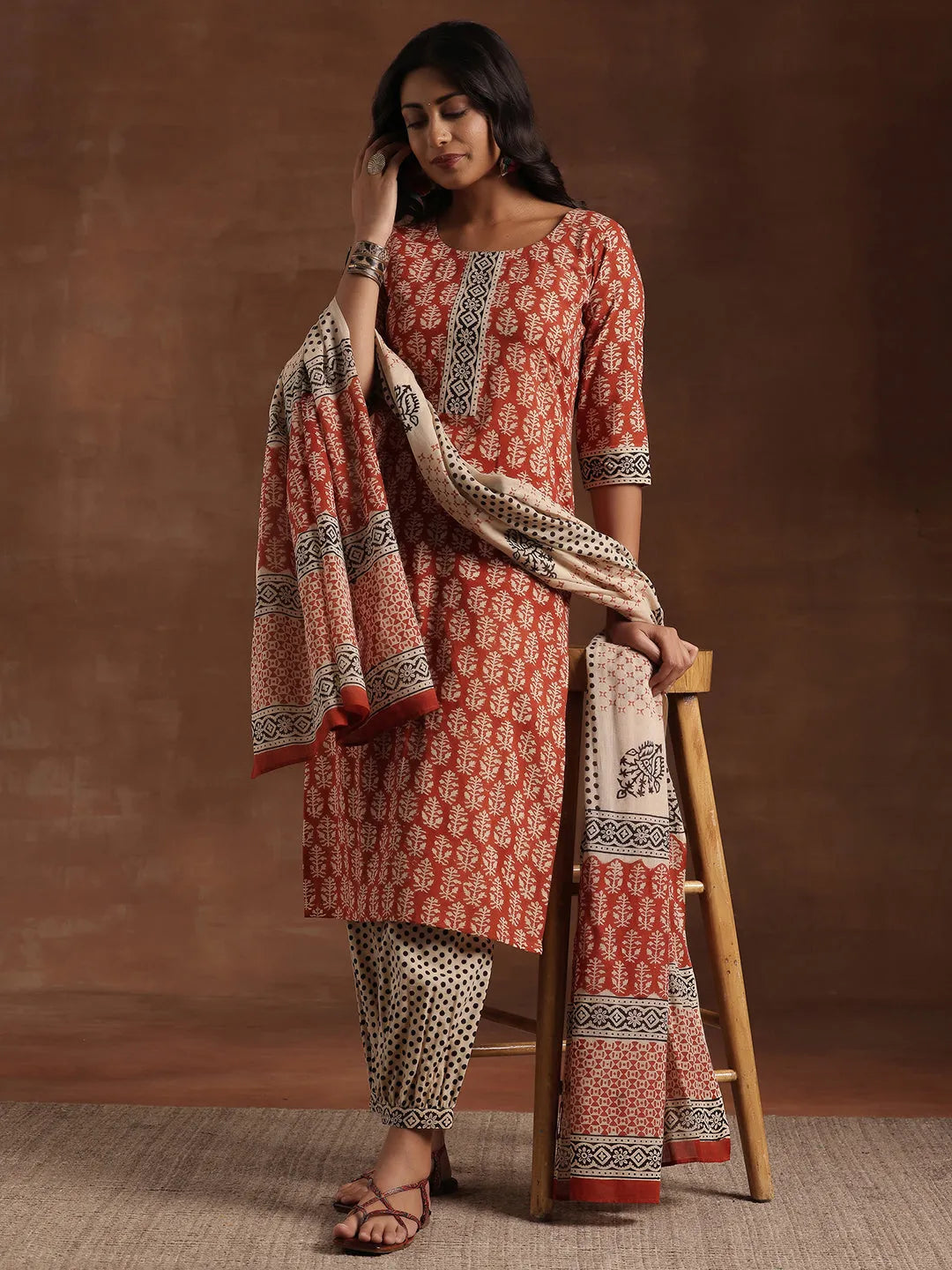  Rust Printed Cotton Straight Suit With Dupatta 