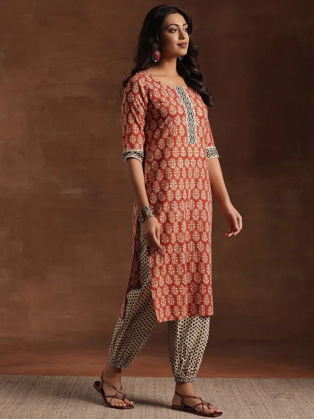  Rust Printed Cotton Straight Suit With Dupatta 