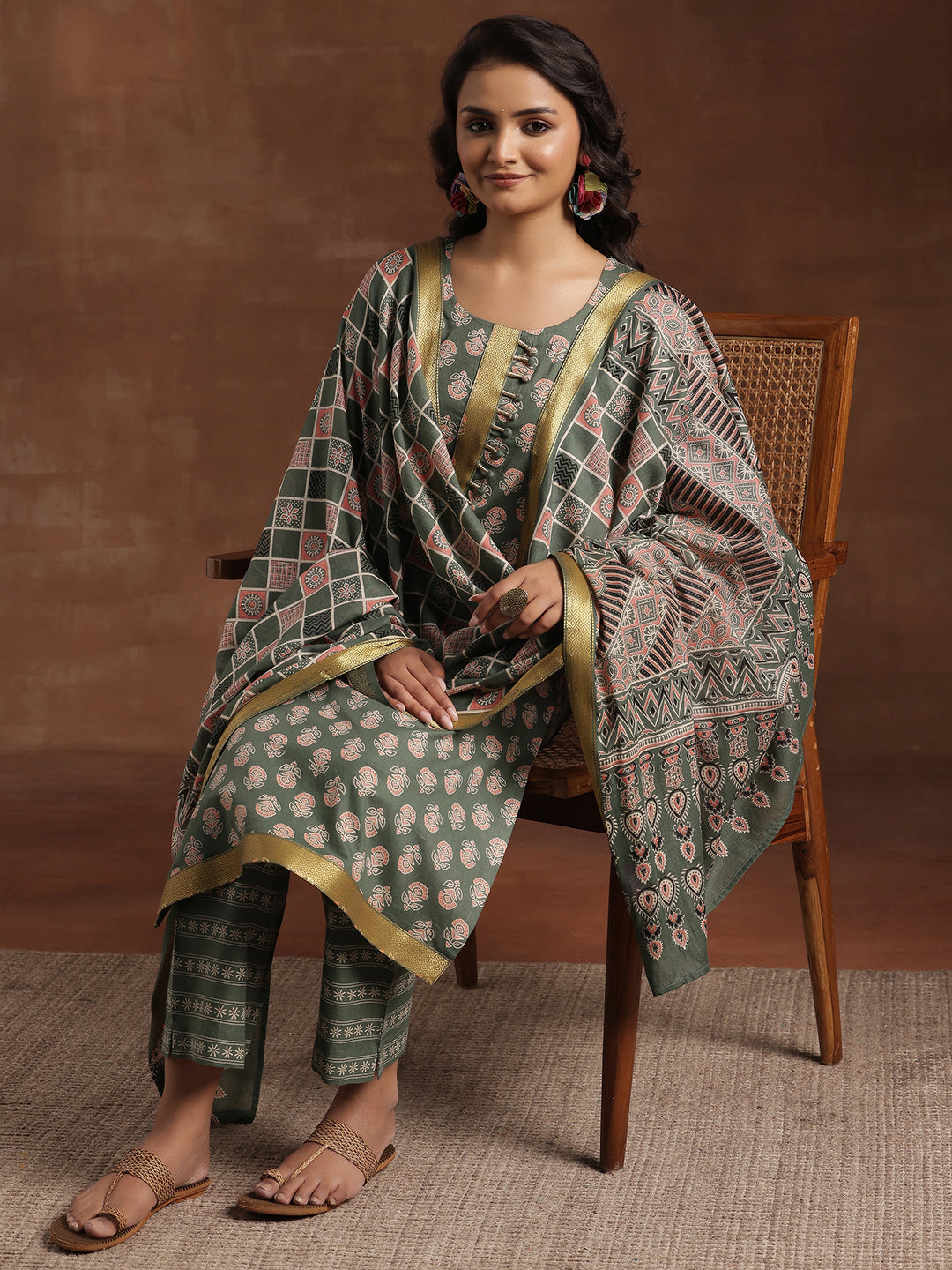 Green Printed Cotton Straight Suit With Dupatta