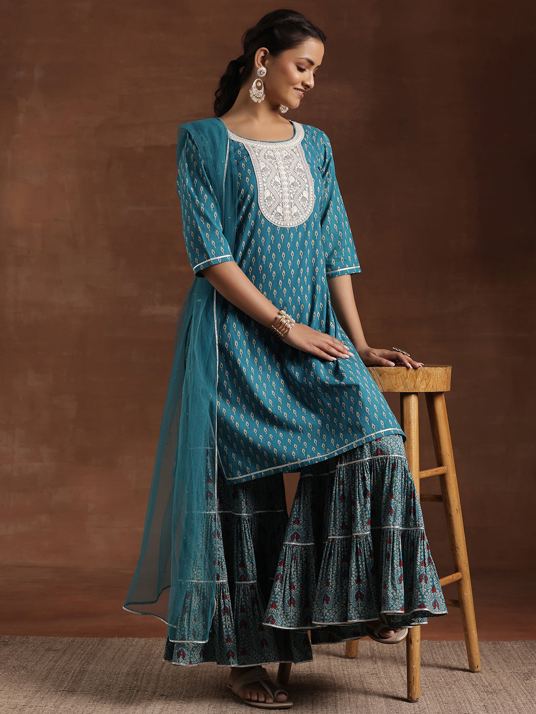 Blue Printed Cotton Straight Suit With Dupatta