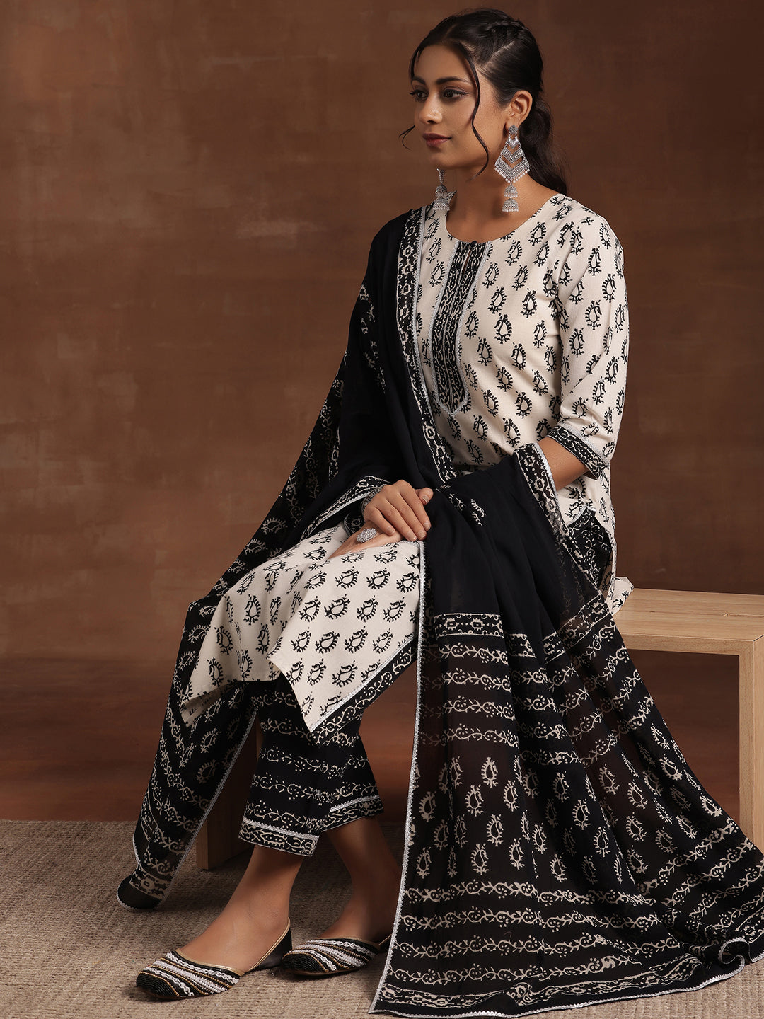 Monochrome Printed Cotton Straight Suit With Dupatta