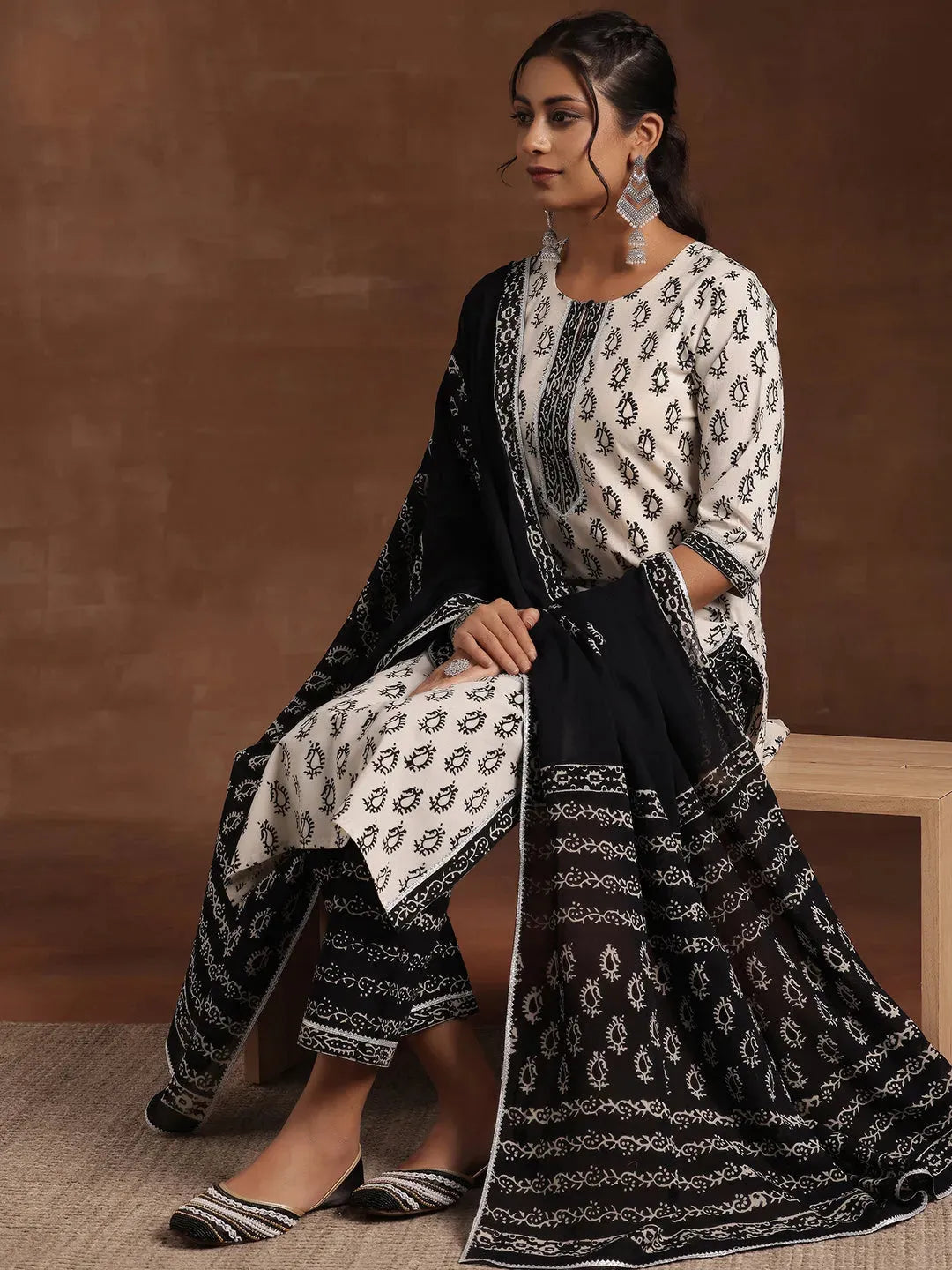  Monochrome Printed Cotton Straight Suit With Dupatta 