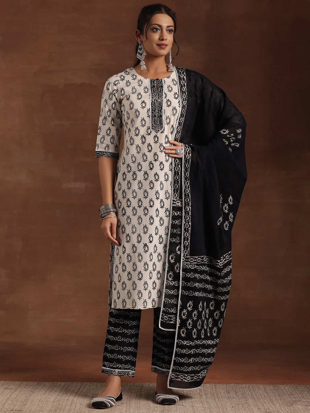  Monochrome Printed Cotton Straight Suit With Dupatta 