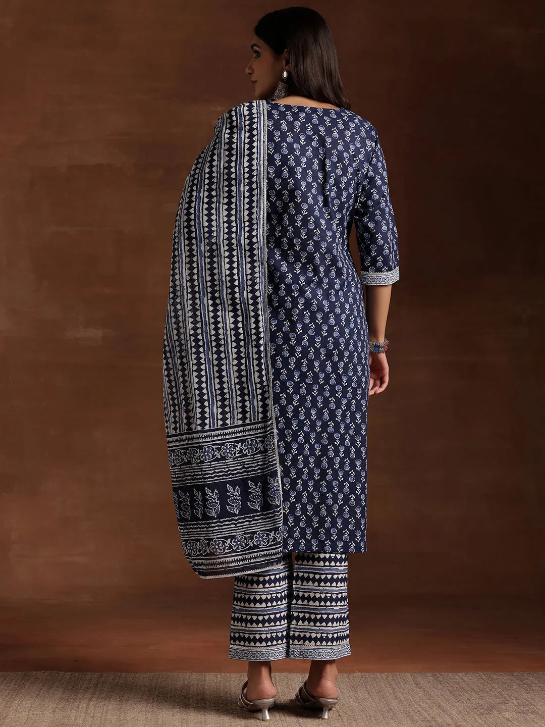  Indigo Printed Cotton Straight Suit With Dupatta 