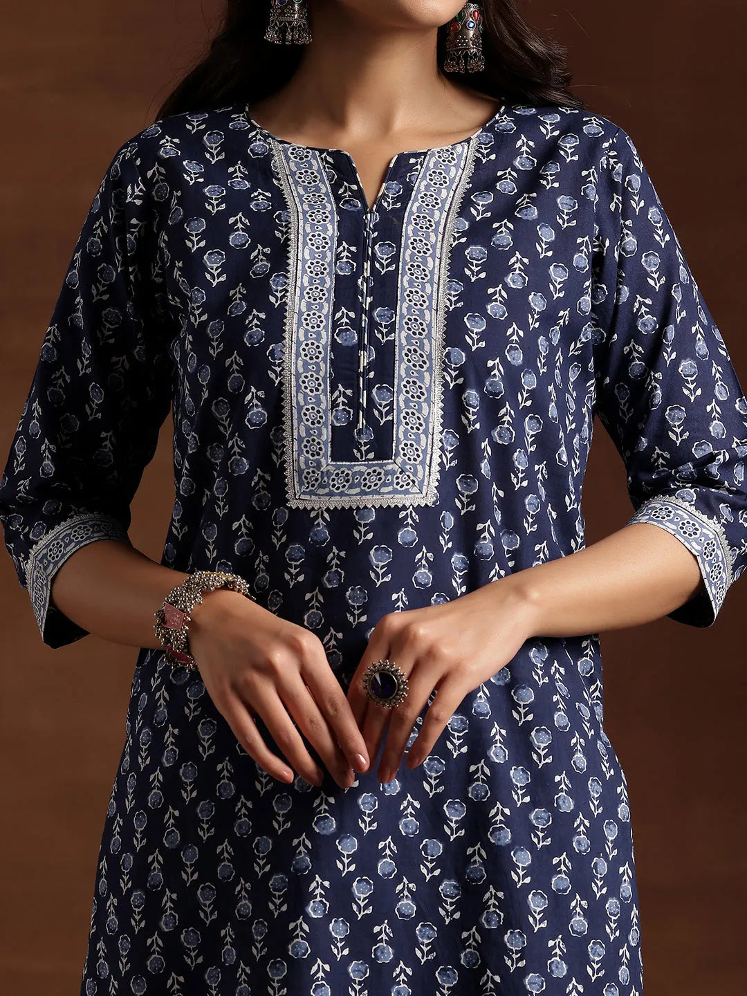  Indigo Printed Cotton Straight Suit With Dupatta 