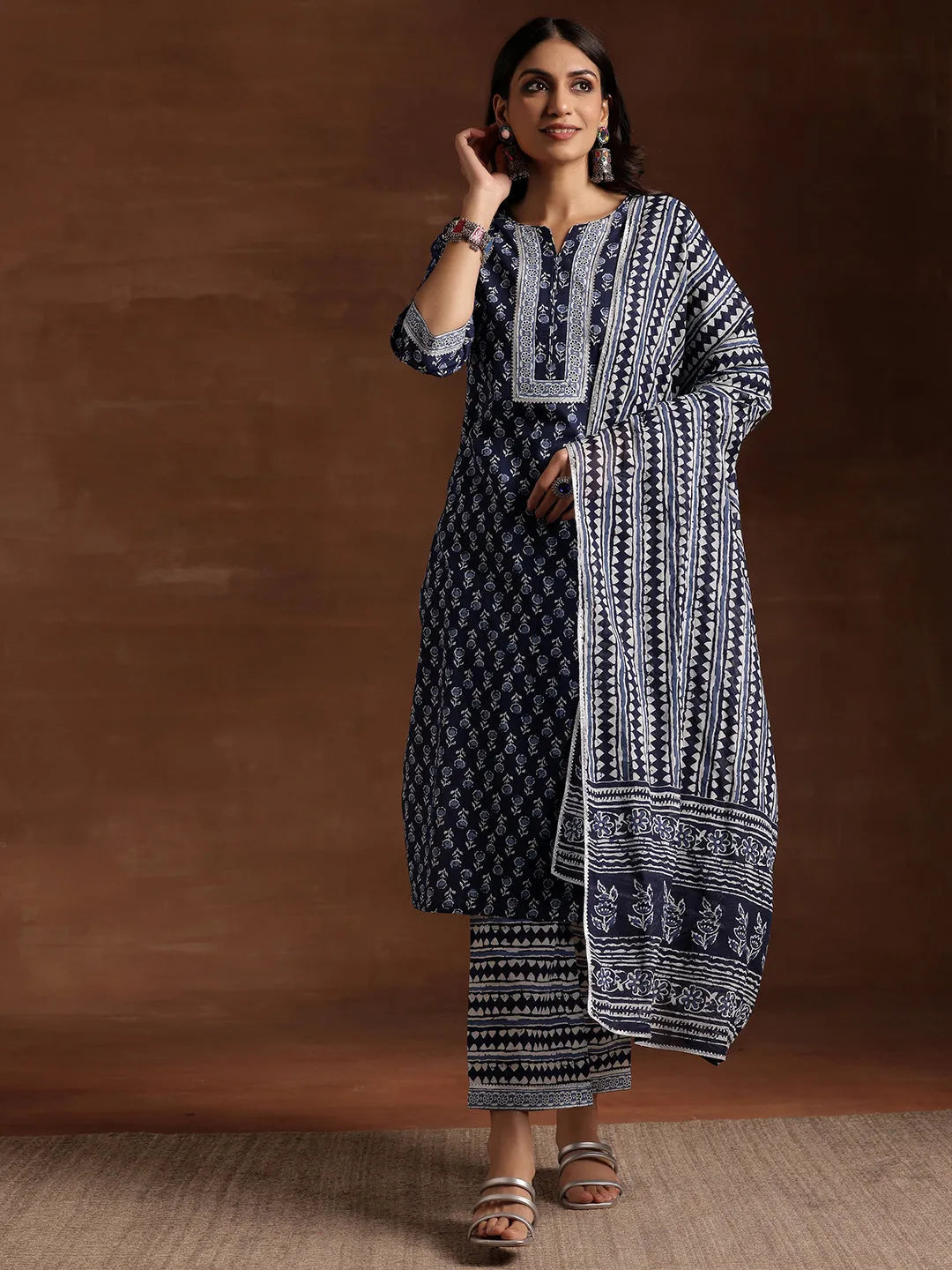  Indigo Printed Cotton Straight Suit With Dupatta 