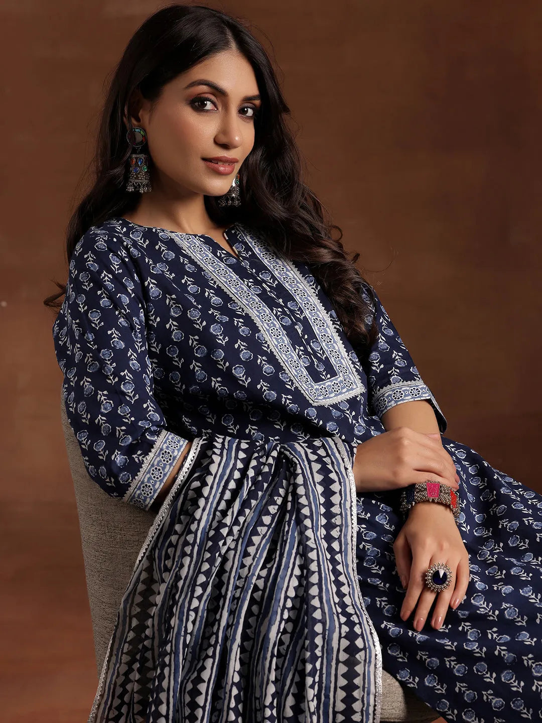  Indigo Printed Cotton Straight Suit With Dupatta 