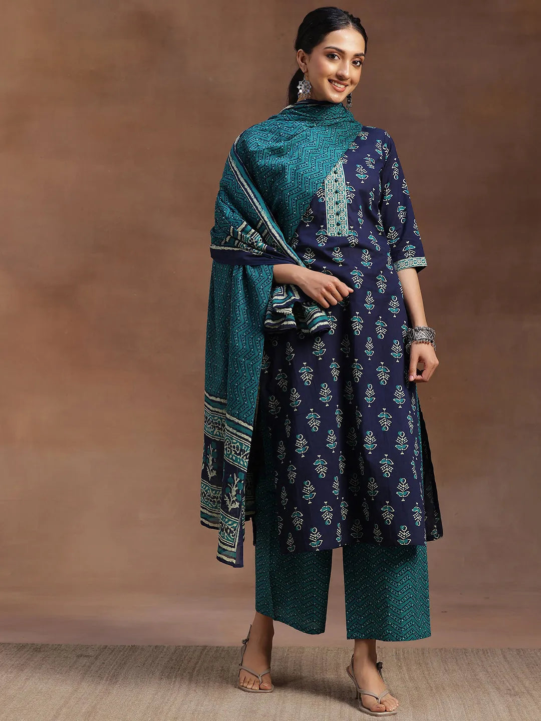  Blue Printed Cotton Straight Suit With Dupatta 