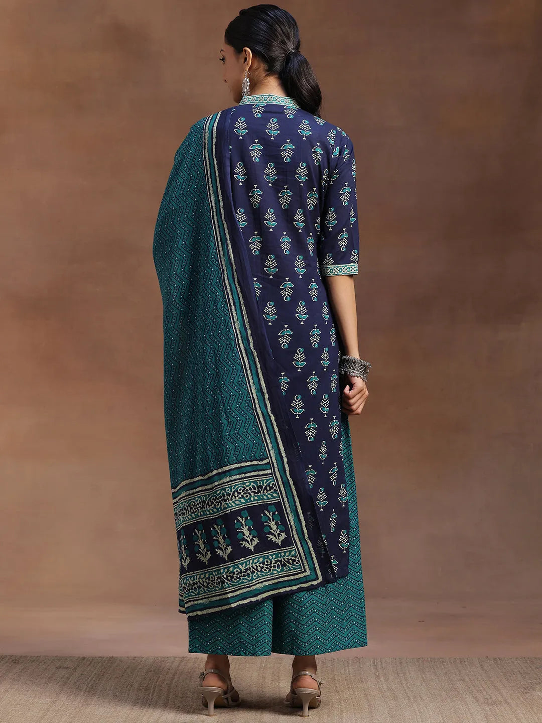  Blue Printed Cotton Straight Suit With Dupatta 