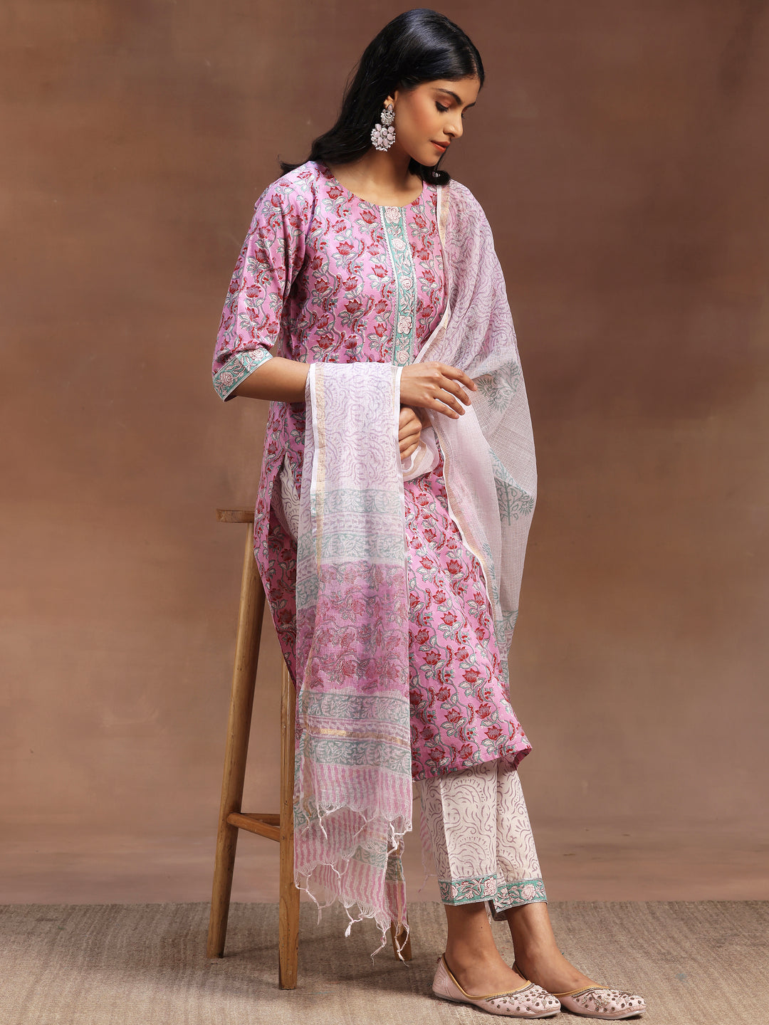 Pink Printed Cotton Straight Suit With Dupatta