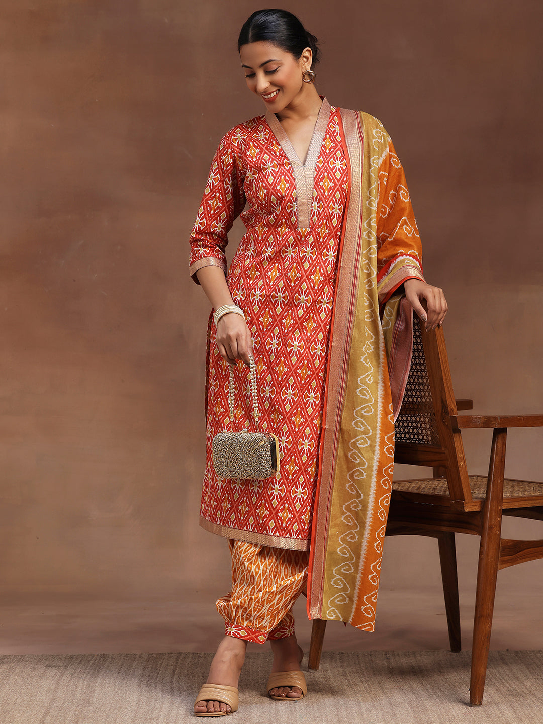 Red Printed Cotton Straight Suit With Dupatta