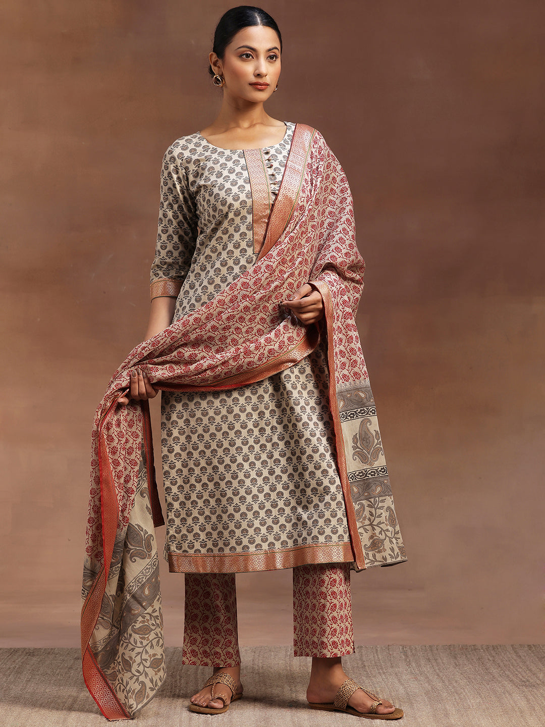  Beige Printed Cotton Straight Suit With Dupatta 