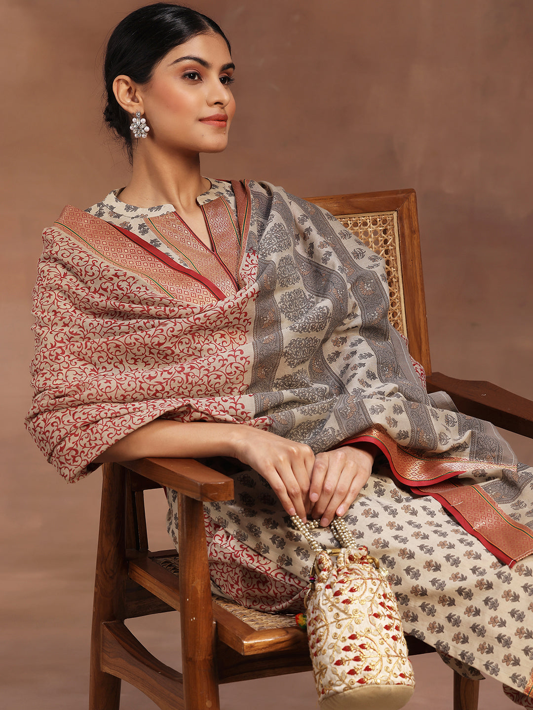  Beige Printed Cotton Straight Suit With Dupatta 