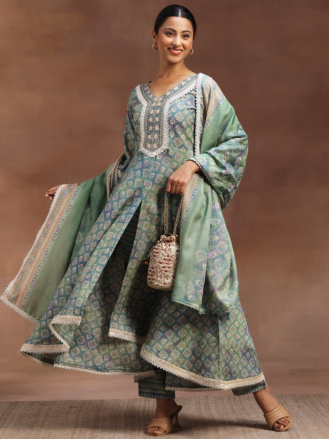  Green Printed Silk Blend A-Line Kurta With Trousers & Dupatta 